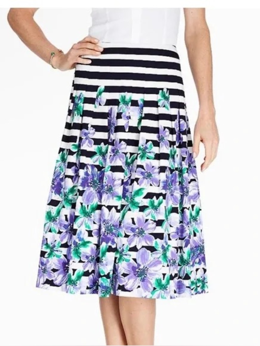 Talbots Cotton Floral Striped Fit & Flare A-Line Skirt Purple Black White Size 2
